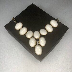 Vintage Chunky White Milk Glass Statement Necklace Gold Tone Bib Style